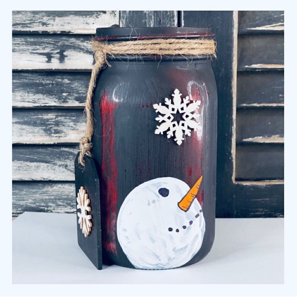 Hand Painted Snowman Mason Jar-Quart, Let it Snow, Snowflake, Matte Black/Red